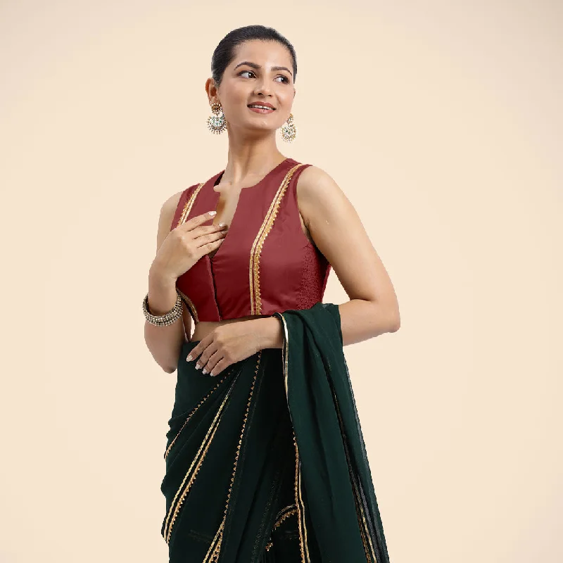 Blouses & Shirts for Independence Day -  Women's Office Blouses-Veena x Tyohaar | Auburn Red Sleeveless FlexiFit™ Saree Blouse with Front Open Closed Neckline with Slit and Golden Gota Lace