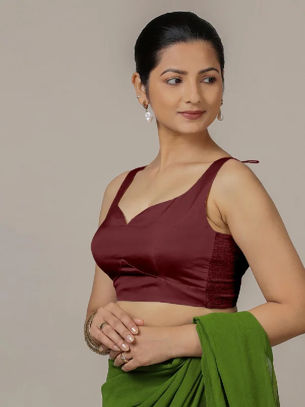 Blouses & Shirts for Modeling -  Women's Off-Shoulder Blouses-Ishika x Rozaana | Burgundy Sleeveless FlexiFit™ Saree Blouse with Beetle Leaf Neckline and Back Cut-out with Tie-Up