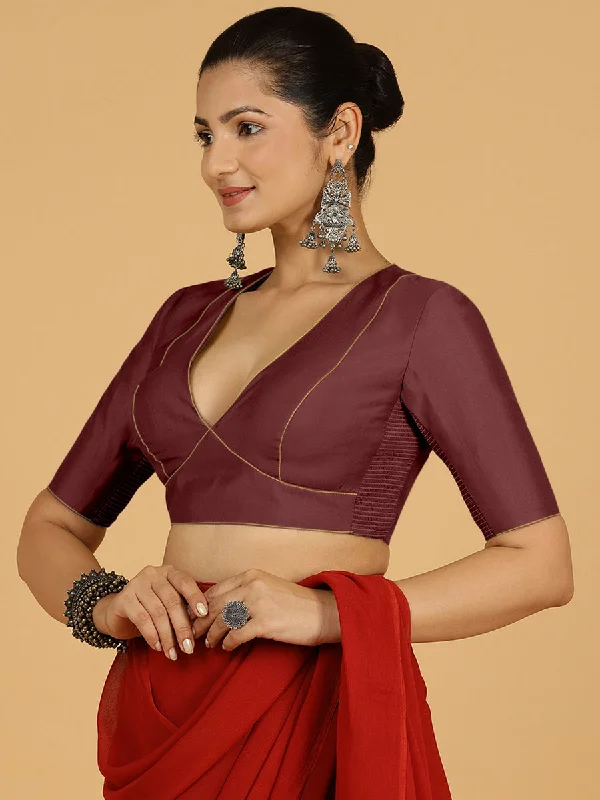 Blouses & Shirts for Fall -  Women's Bell Sleeve Shirts-Ghazal x Rozaana | Elbow Sleeves Saree Blouse in Deep Maroon