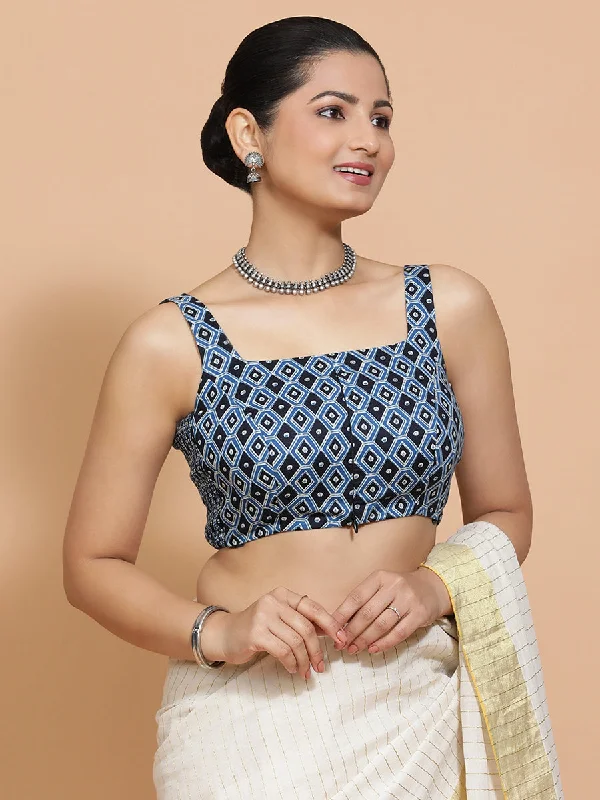 Blouses & Shirts for Executive Look -  Women's Wrap Tops-Tanya x Rozaana | Sleeveless Cotton Saree Blouse in Indigo Blue Geometric Block Print Fabric