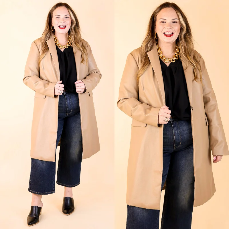 Bolero Blazer-Women's Bold Blazers-Espresso Run Long Faux Leather Coat with Button Front in Taupe