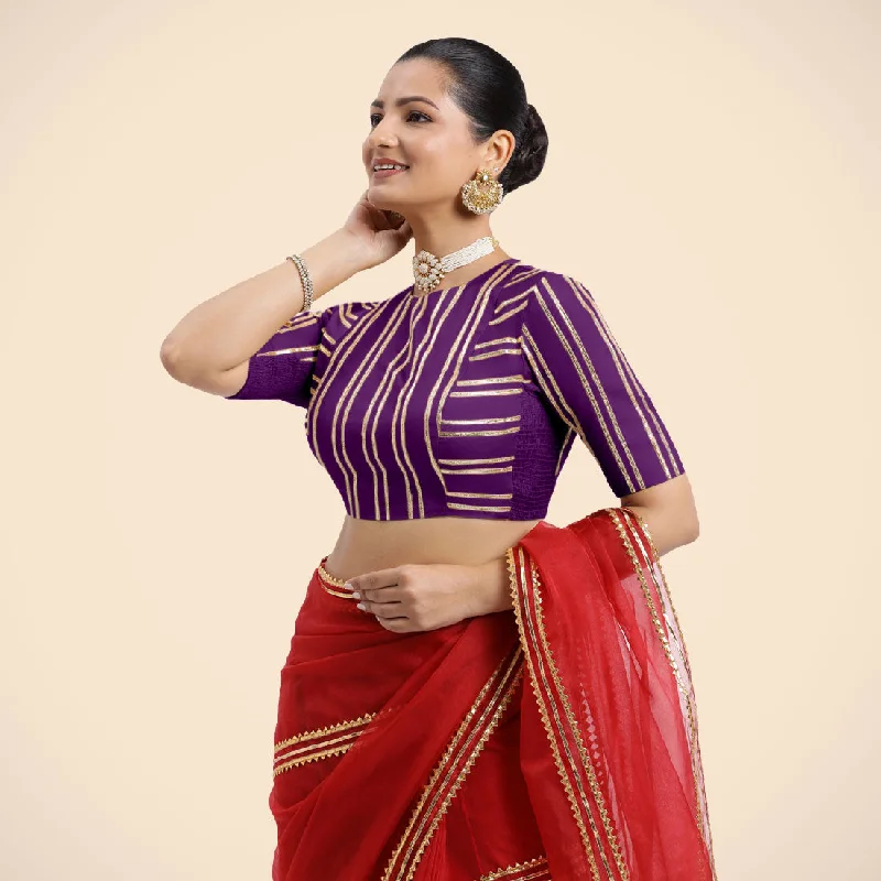 Blouses & Shirts for Limited Editions -  Women's Button-Front Blouses-Shaheen x Tyohaar | Purple Elbow Sleeves FlexiFit™ Saree Blouse with Zero Neck with Back Cut-Out and Golden Gota Embellishment