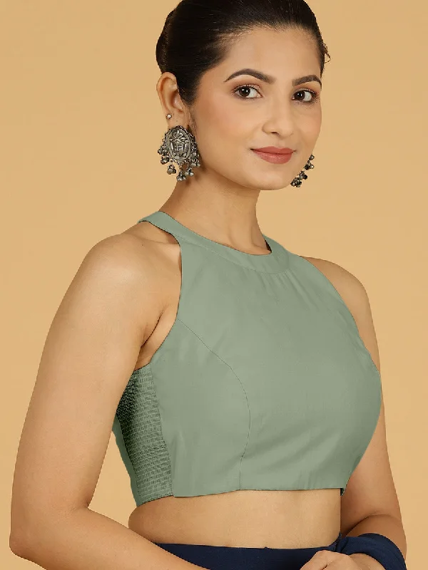 Blouses & Shirts for Podcasters -  Women's Loose Fit Blouses-Zubeida x Rozaana | Mint Green Sleeveless Halter Neck Saree Blouse