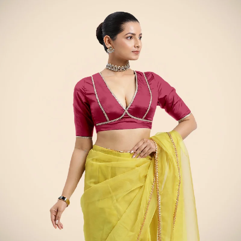 Blouses & Shirts for Meditation -  Women's Embellished Blouses-Zeenat x Tyohaar | Rani Pink Saree Blouse w/ FlexiFit™ and Golden Gota Lace