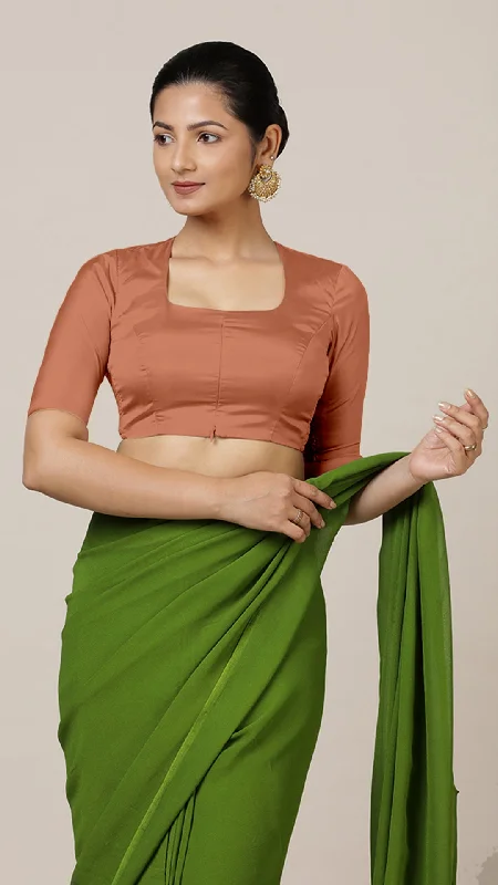 Blouses & Shirts for Hipsters -  Women's Crisscross Neck Blouses-Aziza x Rozaana | Elbow Sleeves Saree Blouse in Metallic Copper