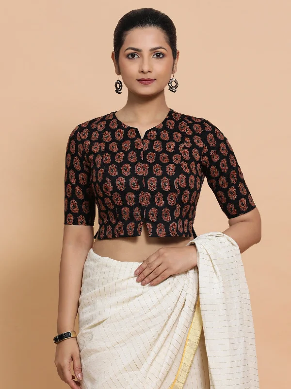 Blouses & Shirts for Beach -  Women's Flounce Blouses-Mishti x Rozaana |   Saree Blouse in Black Mango Block Print Fabric