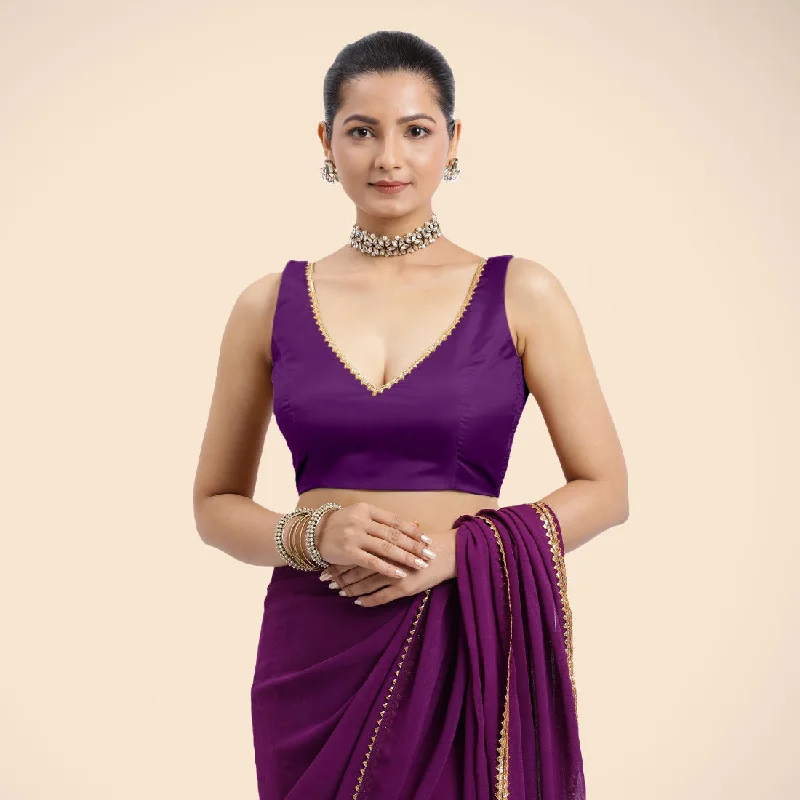 Blouses & Shirts for Hindu Women -  Women's Mesh Blouses-Raisa x Tyohaar | Purple Sleeveless FlexiFit™ Saree Blouse with V Neckline with Golden Gota Lace Embellishment and Back Cut-out with Tie-Up