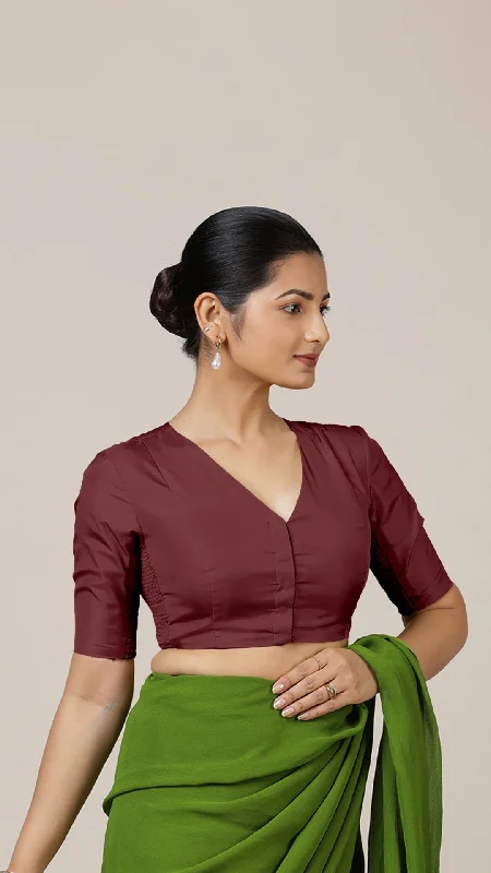 Blouses & Shirts for Oversized Look -  Women's Henley Blouses-Begum x Rozaana | Elbow Sleeves Saree Blouse in Burgundy