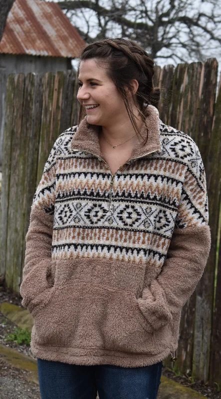 Pullover sweater elegant layers-Women's Thermal A-Line Pullovers-Tribal Print Zip Up Fuzzy Over Sized Pull Over