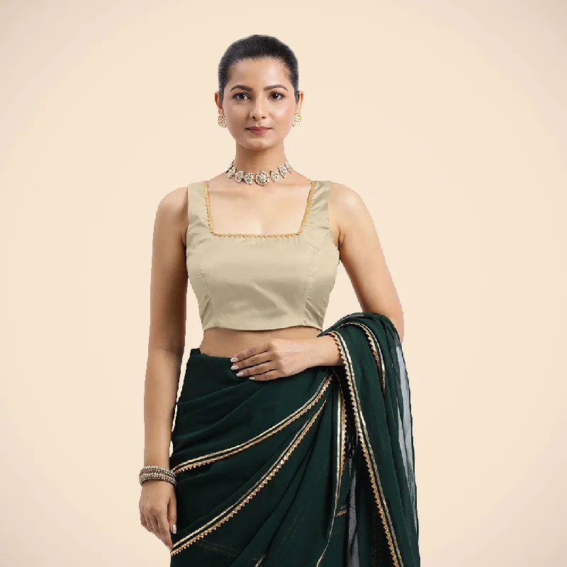 Blouses & Shirts for Smart Casual -  Women's Ruffle Cuff Blouses-Tanvi x Tyohaar | Cream Sleeveless FlexiFit™ Saree Blouse with Square Front Neck and Deep Back with Dori and Golden Gota Embellishment