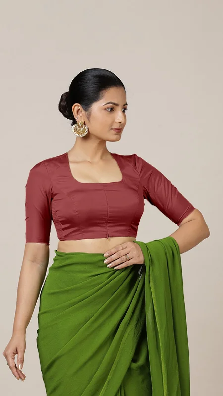 Blouses & Shirts for Yoga -  Women's Elegant Blouses-Aziza x Rozaana | Elbow Sleeves Saree Blouse in Auburn Red