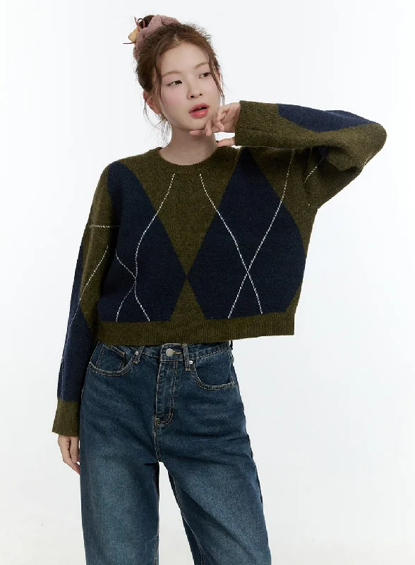 Pullover sweater comfy fit-Women's Fleece Pencil Pullovers-Large Argyle Cropped Sweater CF503