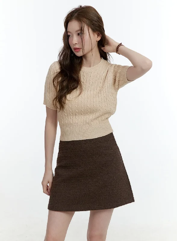 Pullover sweater earthy tones-Women's Fleece A-Line Pullovers-Cable-Knit Short-Sleeve Crop Sweater CF504