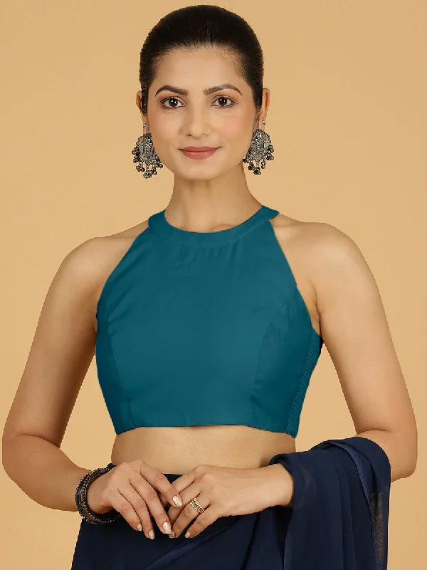 Blouses & Shirts for Celebrities -  Women's Mandarin Collar Blouses-Zubeida x Rozaana | Crystal Teal Sleeveless Halter Neck Saree Blouse