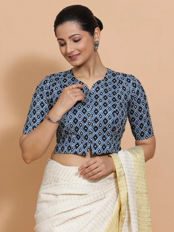 Blouses & Shirts for Hustlers -  Women's Animal Print Blouses-Saachi x Rozaana | Elbow Sleeves Cotton Saree Blouse in Indigo Blue Geometric Block Print Fabric