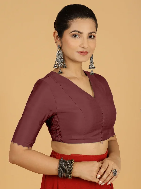 Blouses & Shirts for Hipsters -  Women's Flounce Blouses-Divya x Rozaana | Elbow Sleeves Saree Blouse in Deep Maroon