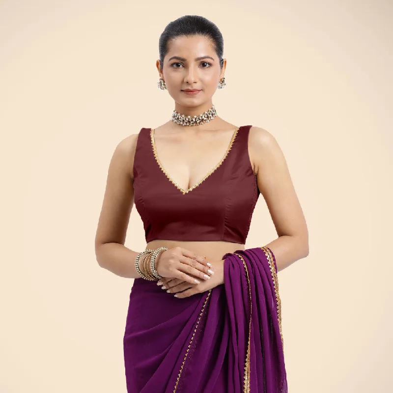 Blouses & Shirts for Resort Wear -  Women's Puff Sleeve Blouses-Raisa x Tyohaar | Burgundy Sleeveless FlexiFit™ Saree Blouse with V Neckline with Golden Gota Lace Embellishment and Back Cut-out with Tie-Up