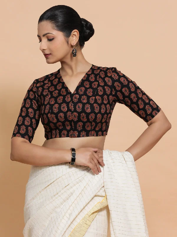 Blouses & Shirts for European Look -  Women's Smocked Neck Blouses-Ishani x Rozaana | Elbow Sleeves Cotton Saree Blouse in Black Mango Block Print Fabric