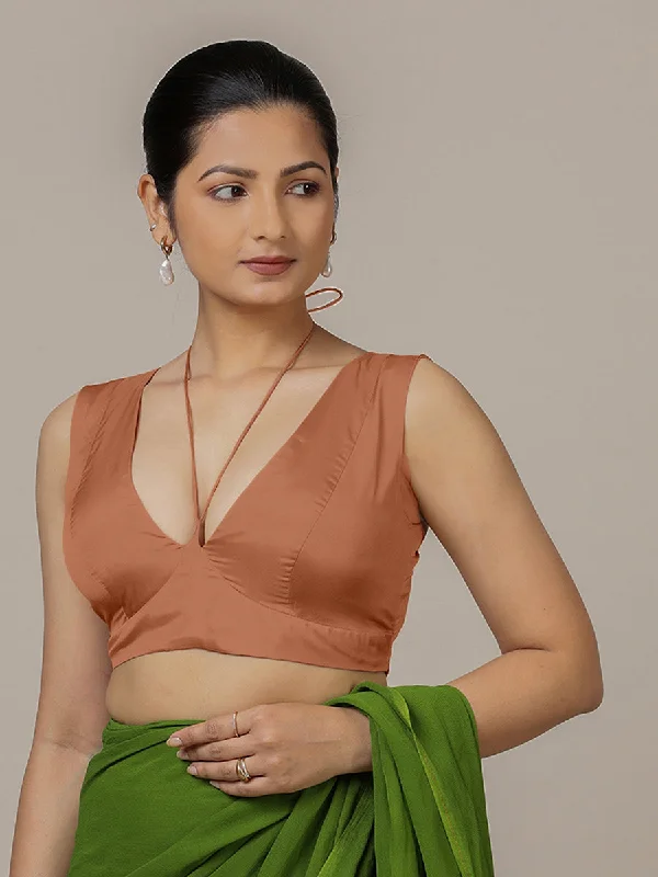 Blouses & Shirts for Photography -  Women's Lantern Sleeve Shirts-Ahana x Rozaana | Metallic Copper Sleeveless FlexiFit™ Saree Blouse with Plunging Neckline and Back Cut Out with Tie-up