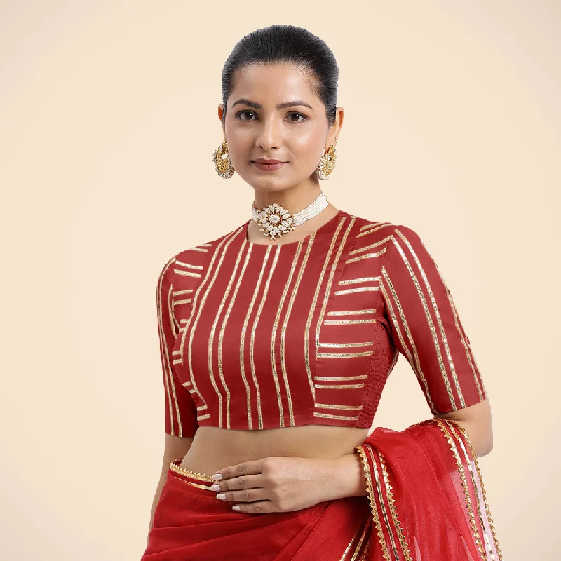 Blouses & Shirts for Girls -  Women's Cap Sleeve Blouses-Shaheen x Tyohaar | Crimson Red Elbow Sleeves FlexiFit™ Saree Blouse with Zero Neck with Back Cut-Out and Golden Gota Embellishment