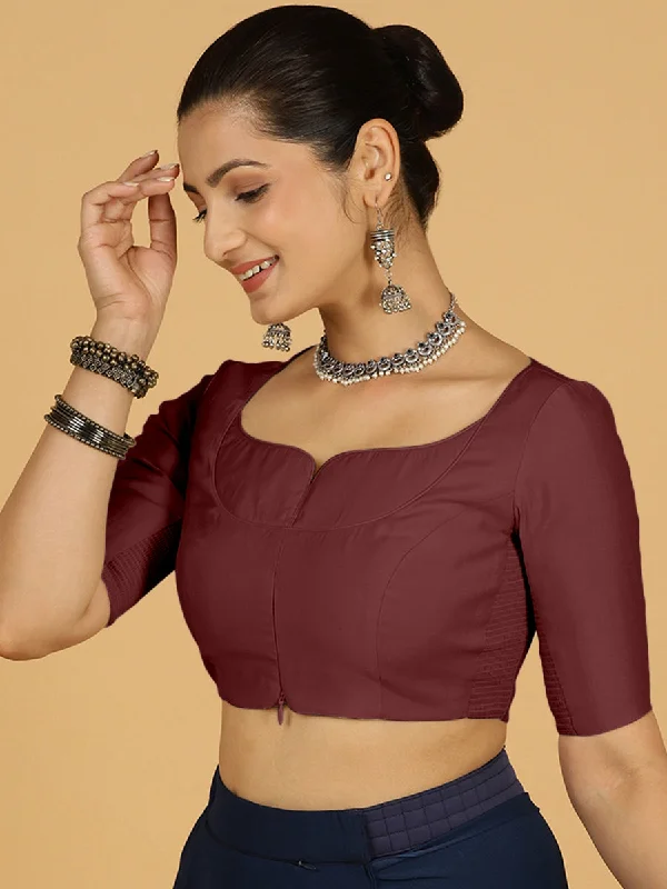 Blouses & Shirts for Petite Women -  Women's Layered Tops-Priya x Rozaana | Elbow Sleeves Saree Blouse in Deep Maroon