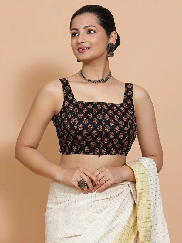 Blouses & Shirts for British Classic -  Women's Swiss Dot Blouses-Lipi x Rozaana | Sleeveless Cotton Saree Blouse in Black Peacock Block Print Fabric