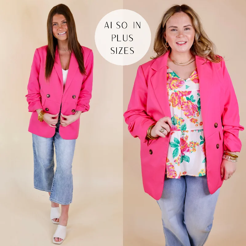 Functional Blazer-Women's Couture Blazers-Editors Choice 3/4 Sleeve Double Button Blazer in Hot Pink