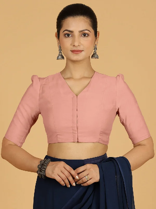 Blouses & Shirts for Women -  Women's Button-Up Blouses-Shravani x Rozaana | Puff Sleeves Saree Blouse in Sea Pink