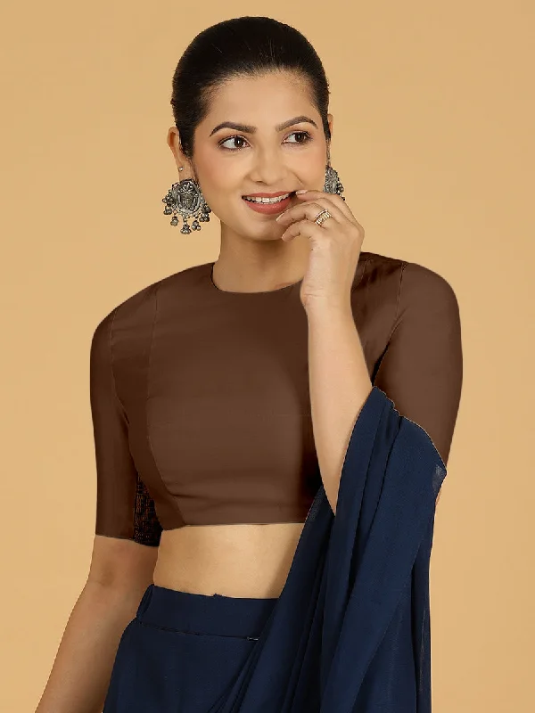 Blouses & Shirts for Streetwear -  Women's Cold Shoulder Blouses-Amisha x Rozaana | Elbow Sleeves Saree Blouse in Walnut Brown