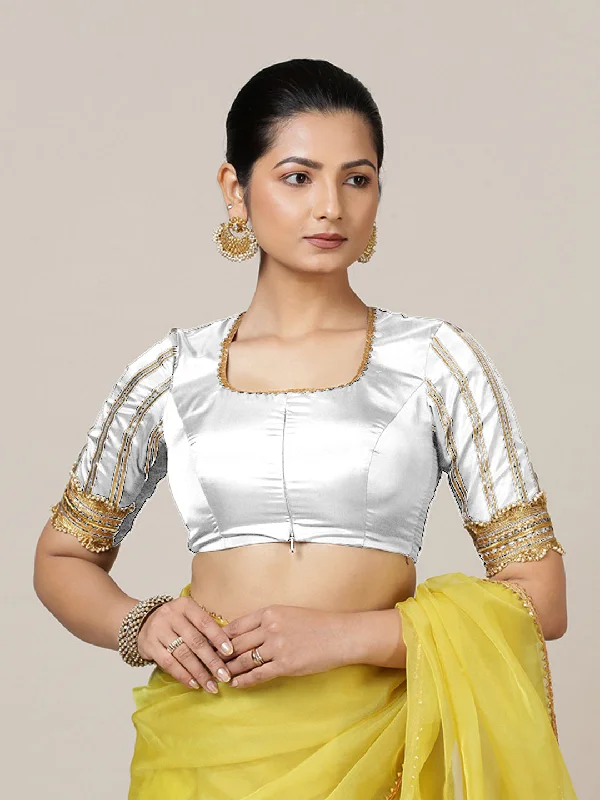 Blouses & Shirts for Social Justice -  Women's Bell Sleeve Shirts-Aziza x Tyohaar | Elbow Sleeves Saree Blouse in Pearl White