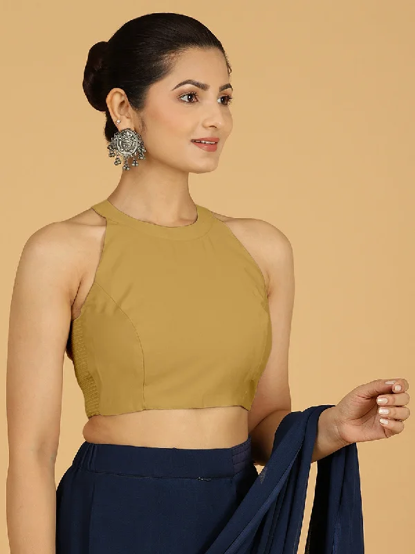 Blouses & Shirts for Easter -  Women's Puff Sleeve Shirts-Zubeida x Rozaana | Dijon Mustard Sleeveless Halter Neck Saree Blouse