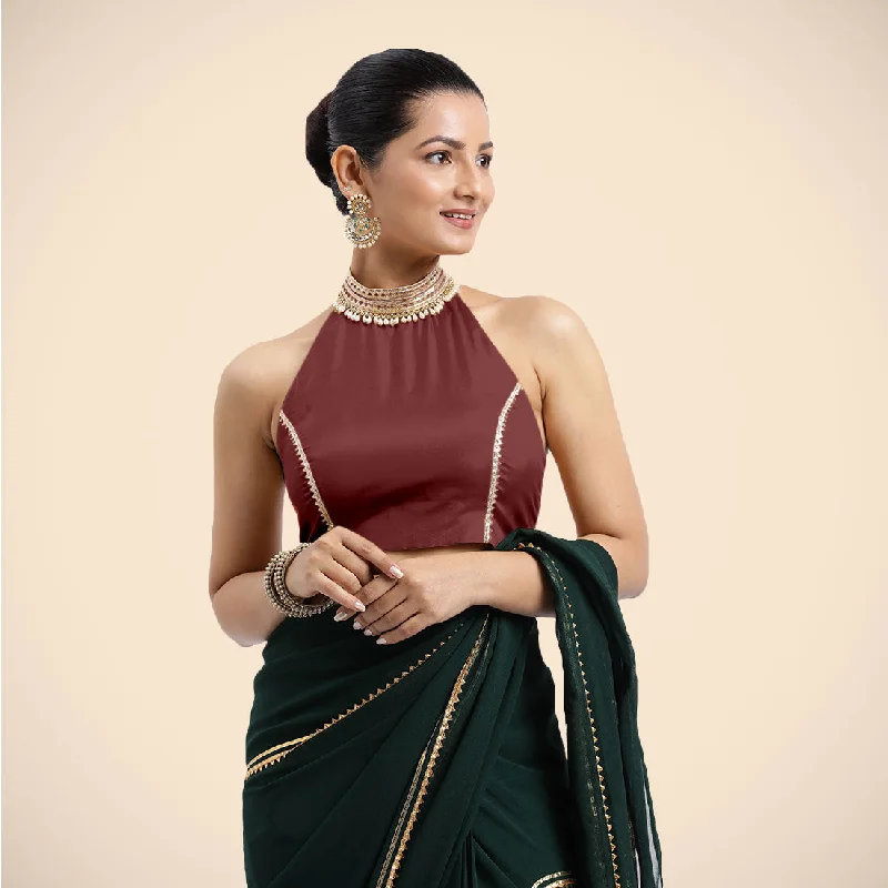 Blouses & Shirts for Indian Fashion -  Women's Pleat Front Blouses-Laila x Tyohaar | Burgundy Halterneck FlexiFit™ Saree Blouse with Heavy Golden Gota and Pearl Embellishments