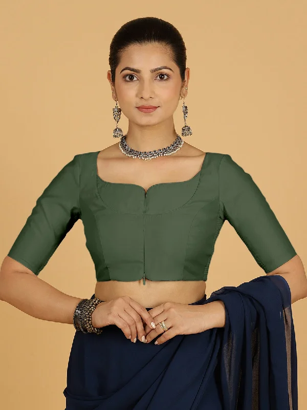 Blouses & Shirts for Spa Days -  Women's Lantern Sleeve Shirts-Priya x Rozaana | Elbow Sleeves Saree Blouse in Pine Green