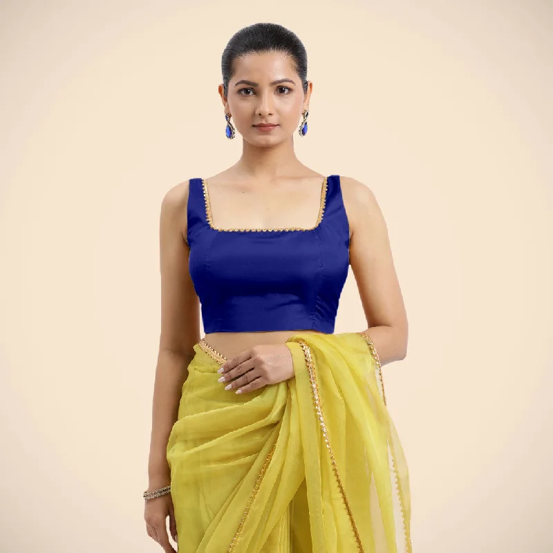 Blouses & Shirts for Layering -  Women's High Low Blouses-Zeba x Tyohaar | Cobalt Blue Sleeveless FlexiFit™ Saree Blouse with Square Neck with Golden Gota Lace and Deep Back