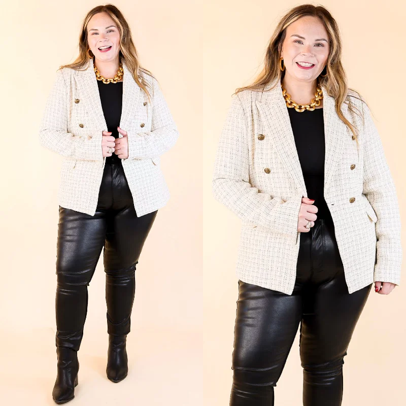 Shrug Blazer-Women's Boho Blazers-Timeless Tales Tweed Blazer with Bronze Buttons in Ivory