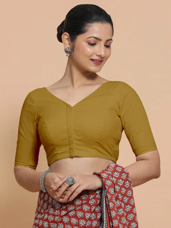 Blouses & Shirts for Couples -  Women's Satin Shirts-Pragya x Rozaana | V-Neck Khaki Plain Cotton Saree Blouse