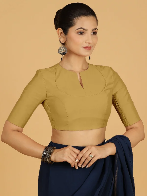 Blouses & Shirts for Fall -  Women's Collarless Shirts-Karishma x Rozaana | Elbow Sleeves Saree Blouse in Dijon Mustard