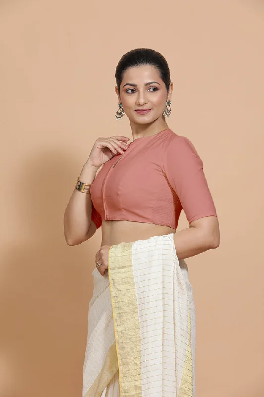 Blouses & Shirts for Easter -  Women's Shimmer Blouses-Ananya x Rozaana | Round Neck Soft Peach Plain Cotton Saree Blouse