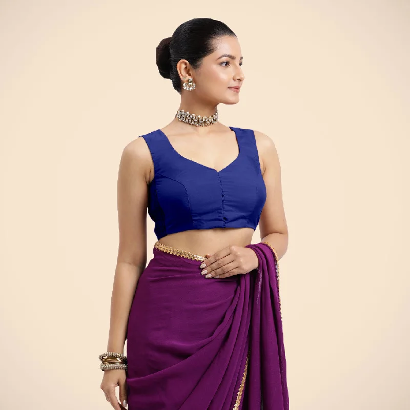 Blouses & Shirts for School -  Women's Denim Blouses-Nazia x Rozaana | Cobalt Blue Sleeveless FlexiFit™ Saree Blouse with Front Open Curved V Neckline with Deep Back and Dori