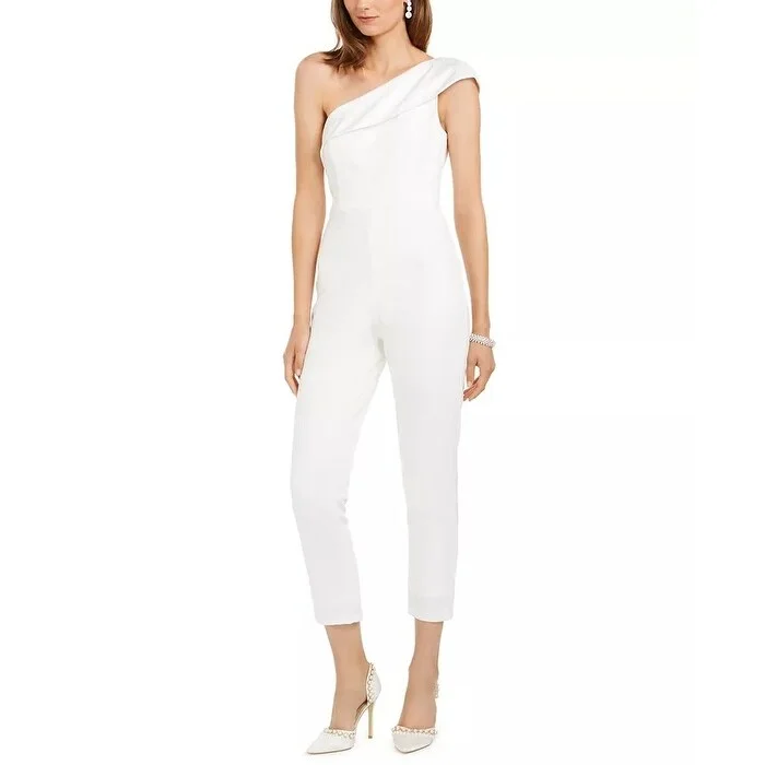 Casual Dresses for Warm-Women's Casual Vacation Print Dresses-Adrianna Papell Women's One Shoulder Knit Crepe Jumpsuit Stretch Charmeuse Neckline Ivory White Size 14