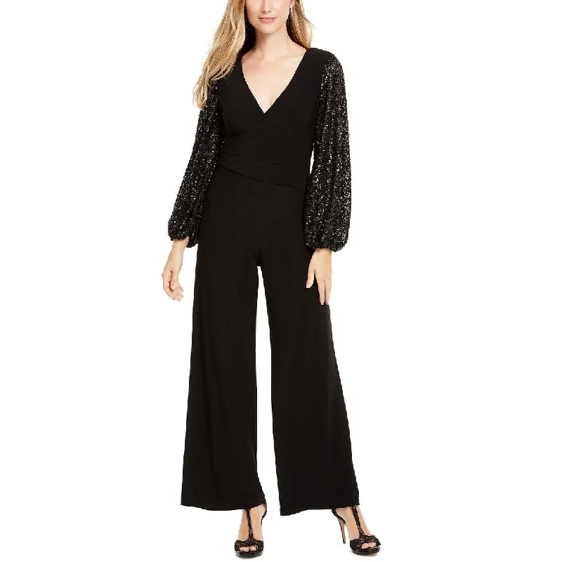 Casual Dresses for Best Friend-Women's Casual Swing Print Dresses-Adrianna Papell Women's Sequin-Sleeve Jumpsuit Black Size 6