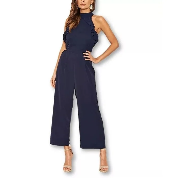 Casual Dresses for Awareness-Women's Casual Tunic Dresses-Ax Paris Women's Frilled Cut Out Culotte Jumpsuit Navy Size 6