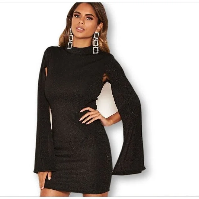 Casual Dresses for Gift-Women's Casual Shirt Print Dresses-AX Paris Women's High Neck Split Sleeve Sparkle Dress Black Size 6