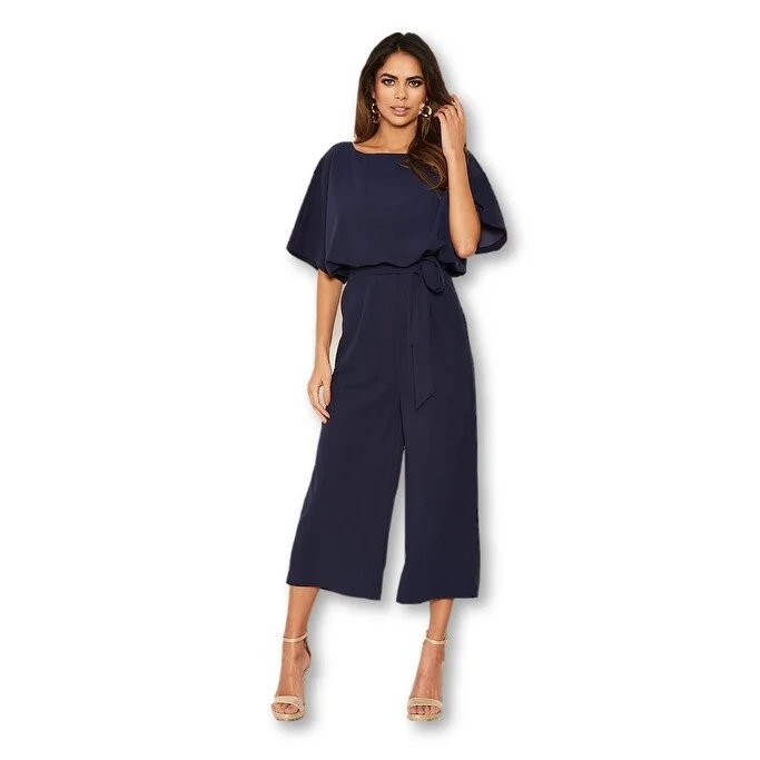 Casual Dresses for Beach Print-Women's Casual Park Dresses-Ax Paris Women's Tie Waist Culotte Jumpsuit Navy Size 15