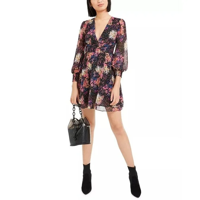 Casual Dresses for Latest-Women's Casual Knotted Dresses-Bar III Women's Confetti Printed Blouson-Sleeve Dress Black Size Large