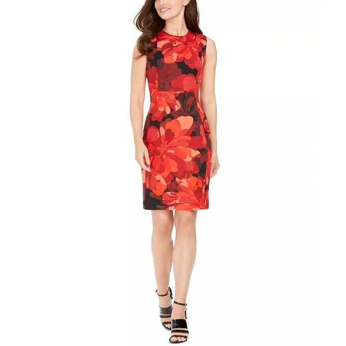 Casual Dresses for Playground-Women's Casual Shirt Print Dresses-Calvin Klein Women's Big Floral Sheath Dress Red Size 10