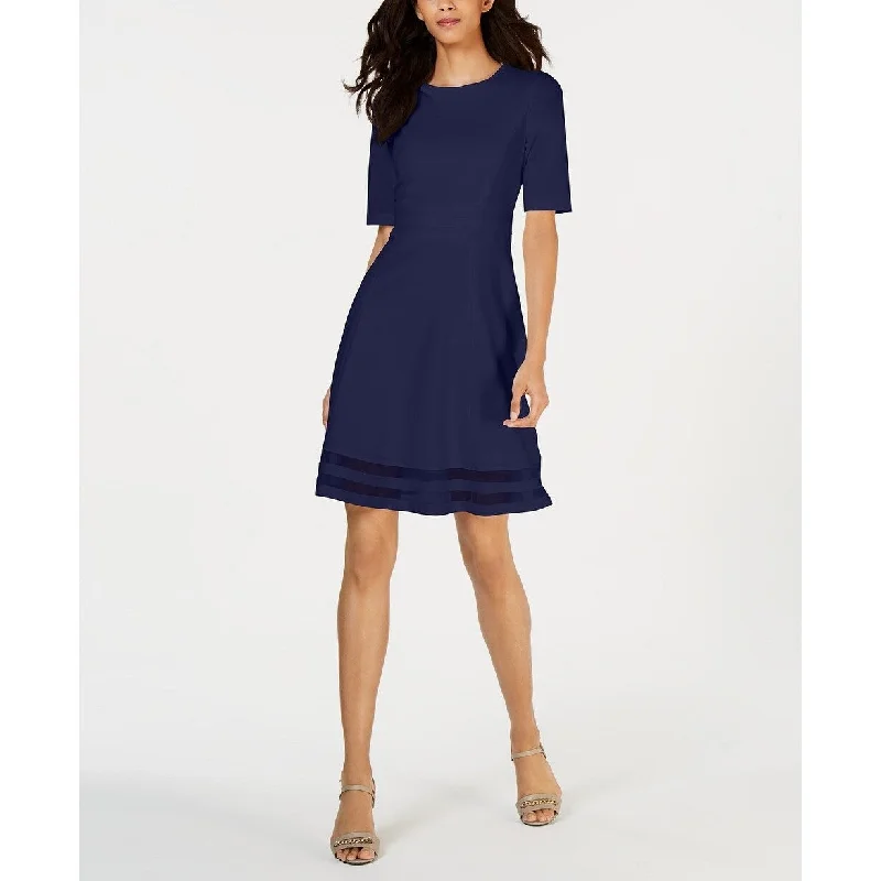 Casual Dresses for Bridal Shower-Women's Casual Dolman Sleeve Dresses-Calvin Klein Women's Elbow-Sleeve Illusion-Detail Dress Blue Size 8