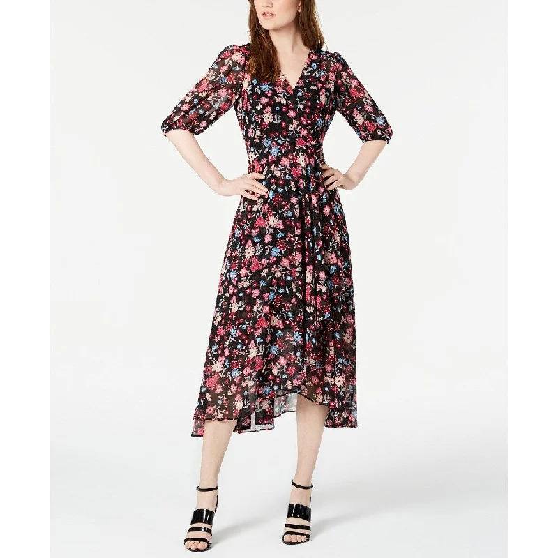 Casual Dresses for Iron-Free-Women's Casual Midi Floral Dresses-Calvin Klein Women's Floral Chiffon Faux-Wrap Dress Charcoal Size 4