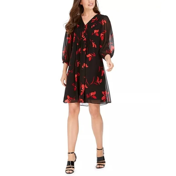 Casual Dresses for Postpartum-Women's Casual Elegant Dresses-Calvin Klein Women's Red-Floral A-Line Dress Red Size 2