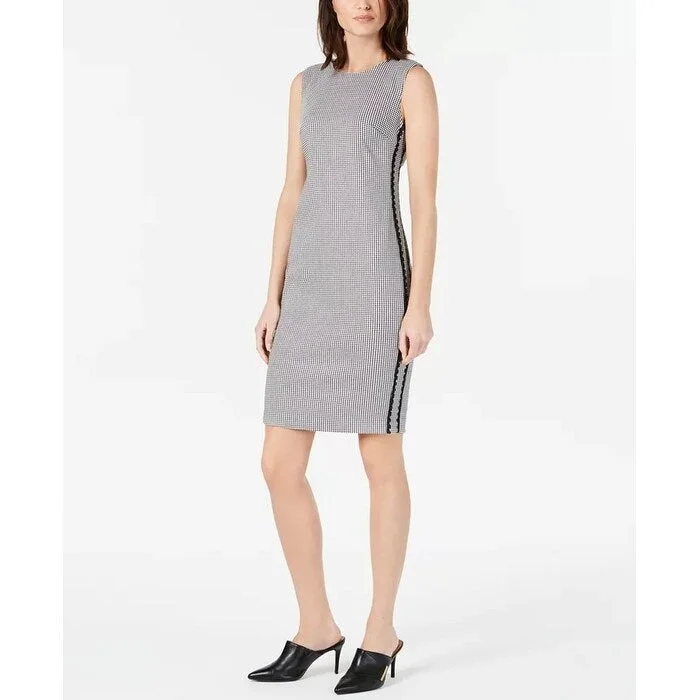 White Casual Dresses-Women's Casual Mini Solid Color Dresses-Calvin Klein Women's Ric Rac Houndstooth Sheath Dress Charcoal Size 4